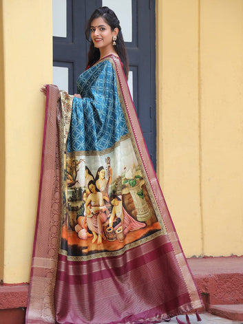 Blue Printed Silk Saree with Maroon Zari Border & Artistic Pallu