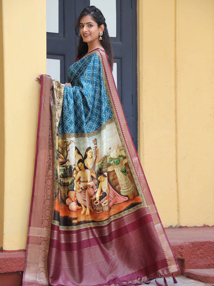 Blue Printed Silk Saree with Maroon Zari Border & Artistic Pallu