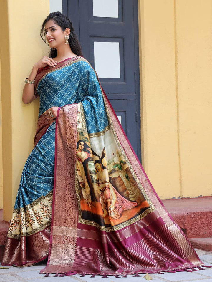 Blue Printed Silk Saree with Maroon Zari Border & Artistic Pallu