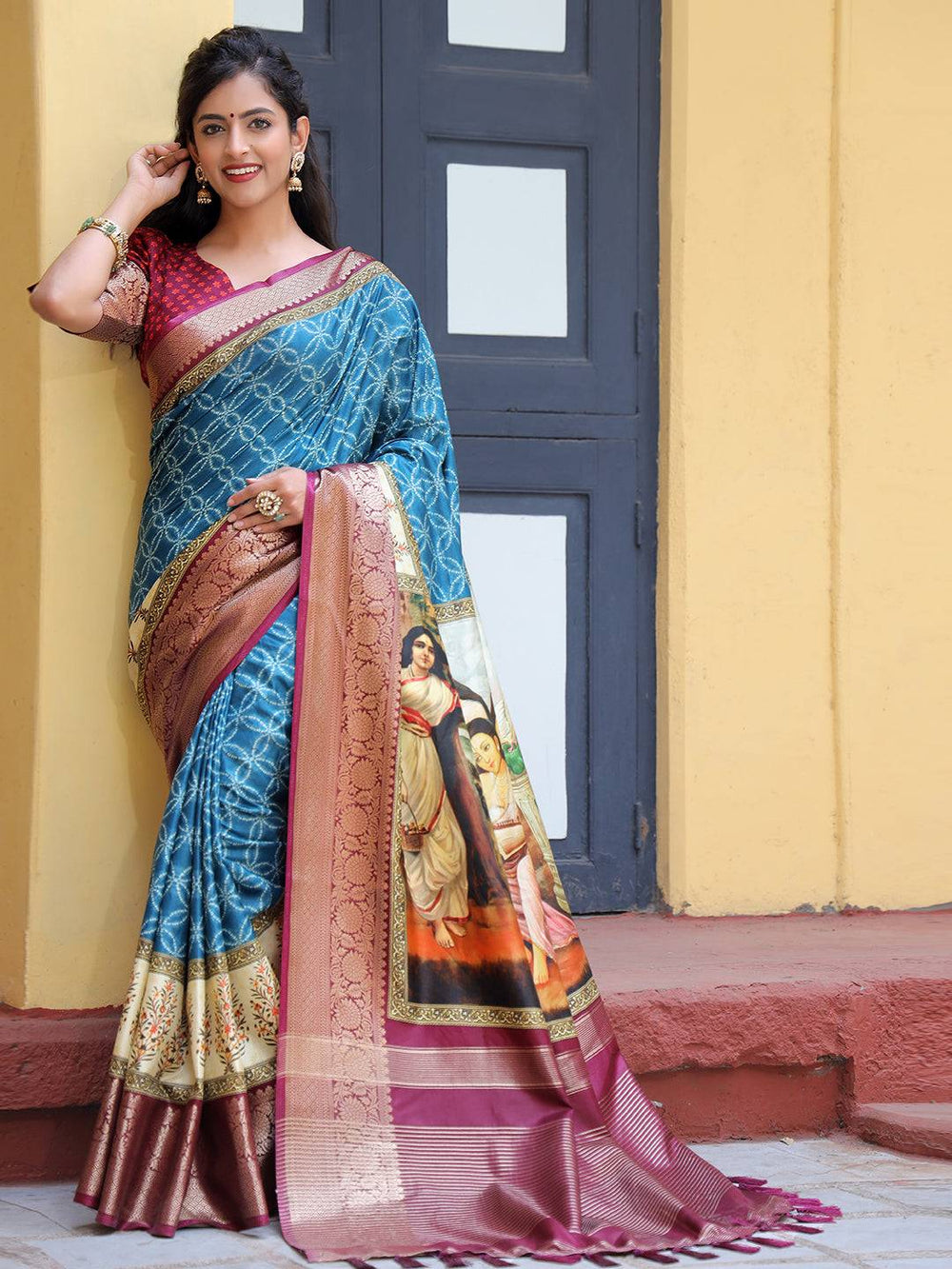 Blue Printed Silk Saree with Maroon Zari Border & Artistic Pallu