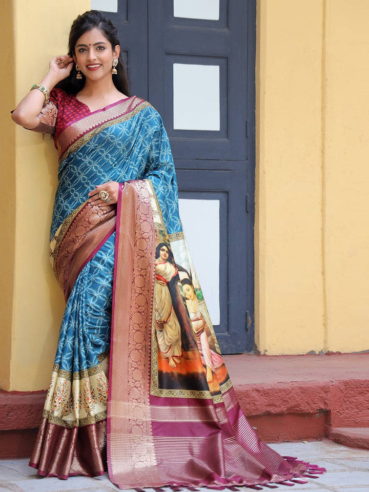 Blue Printed Silk Saree with Maroon Zari Border & Artistic Pallu