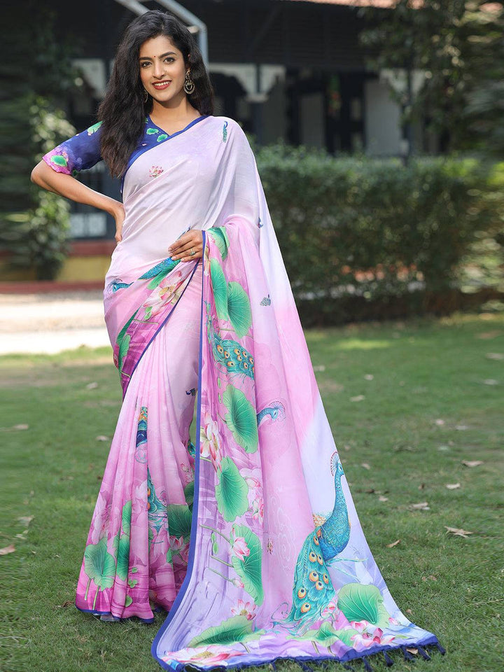 Pink & Lavender Silk Saree with Peacock & Lotus Print