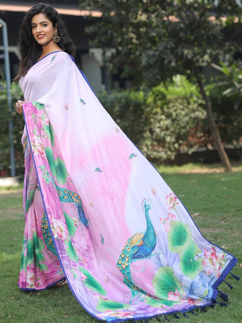 Pink & Lavender Silk Saree with Peacock & Lotus Print