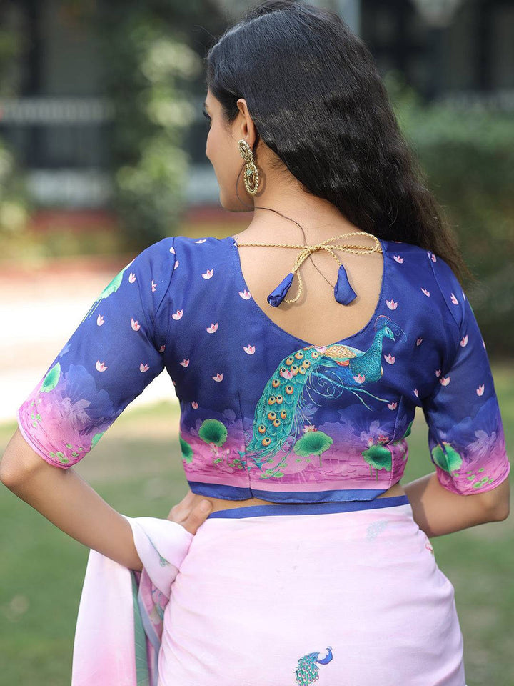 Pink & Lavender Silk Saree with Peacock & Lotus Print