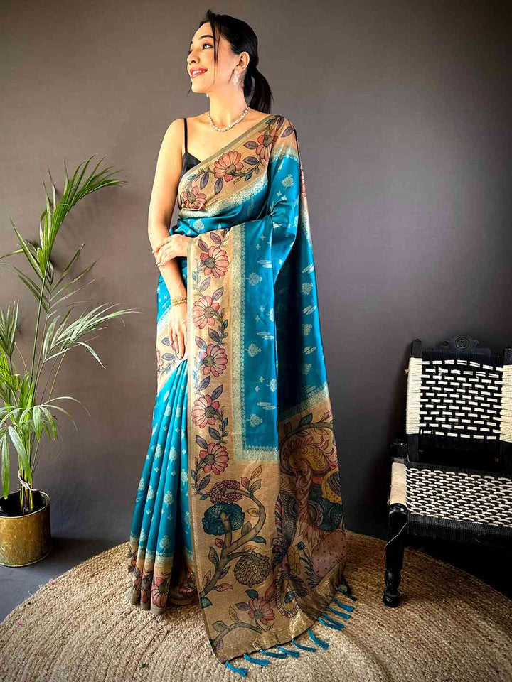 Teal Blue Linen Silk Saree with Floral Digital Print & Zari Border