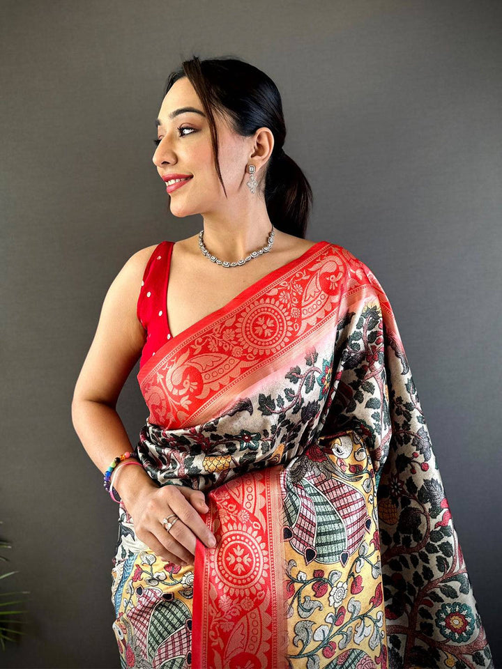 Red & Multicolor Madhubani Printed Silk Saree with Designer Zari Pallu
