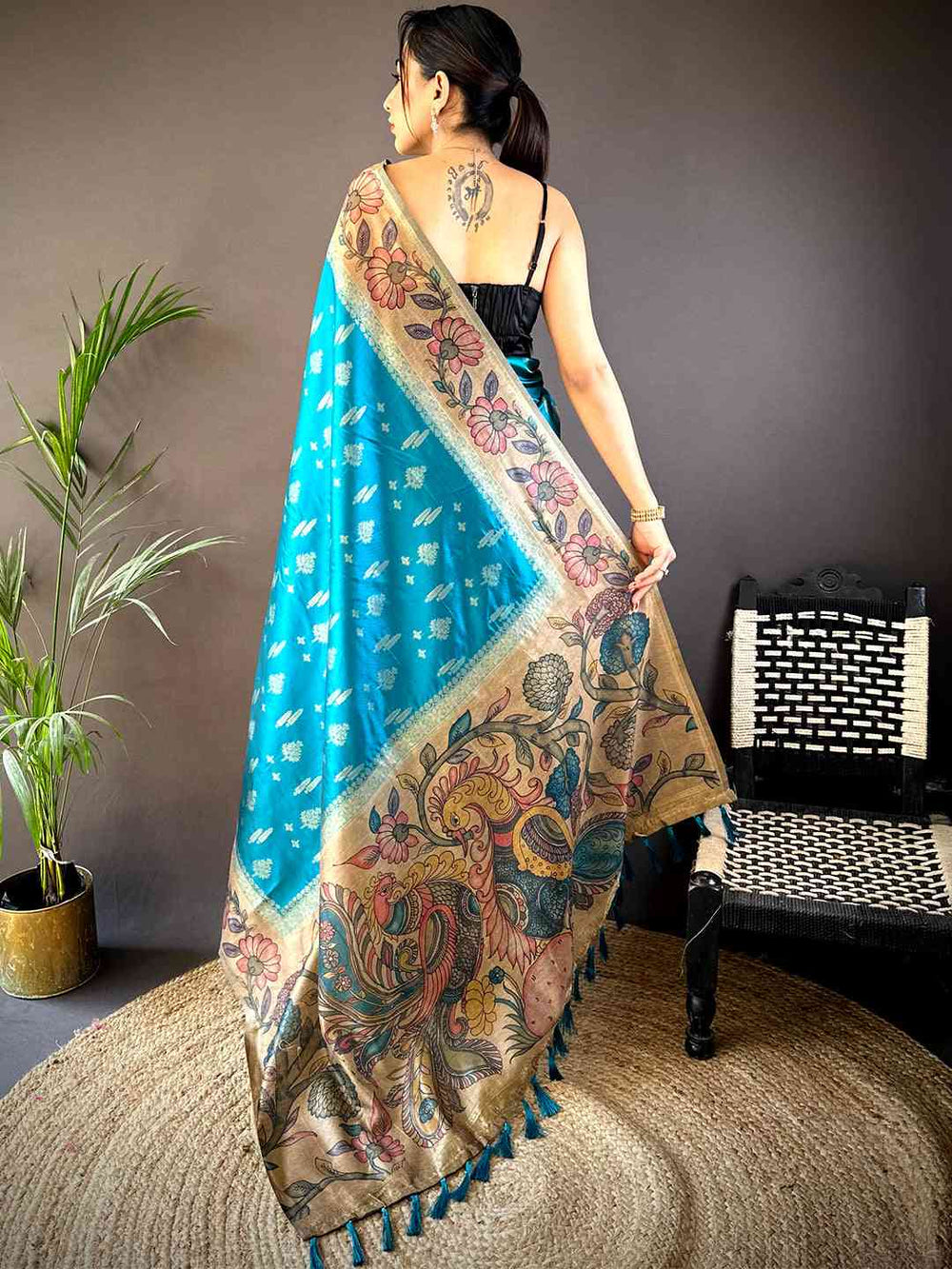 Teal Blue Linen Silk Saree with Floral Digital Print & Zari Border