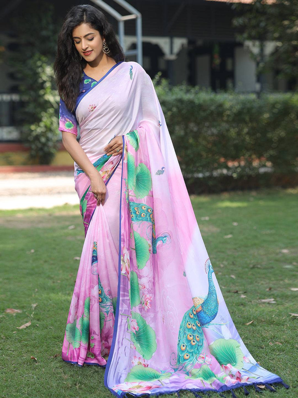 Pink & Lavender Silk Saree with Peacock & Lotus Print