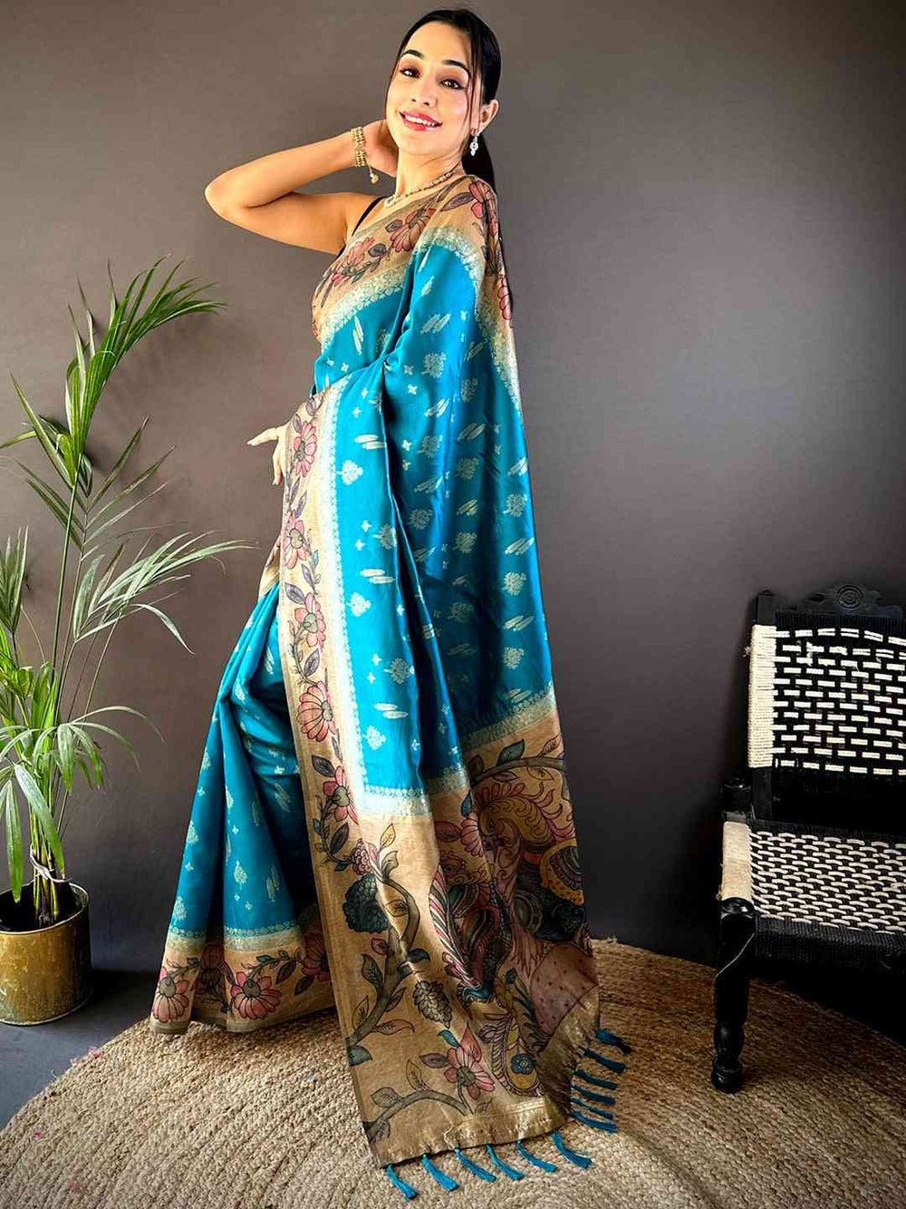 Teal Blue Linen Silk Saree with Floral Digital Print & Zari Border