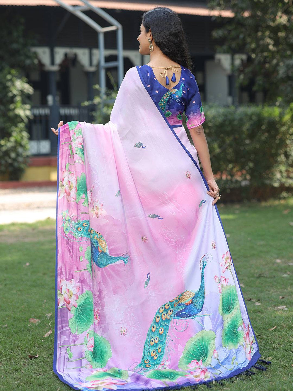 Pink & Lavender Silk Saree with Peacock & Lotus Print