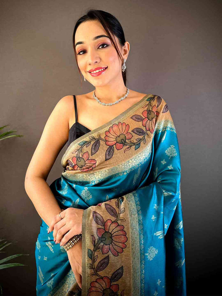 Teal Blue Linen Silk Saree with Floral Digital Print & Zari Border