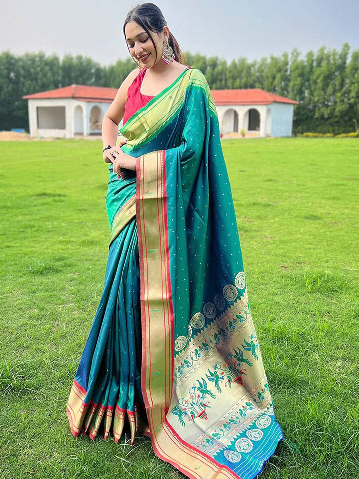 Teal Green Silk Saree with Golden Border & Peacock Motif Pallu