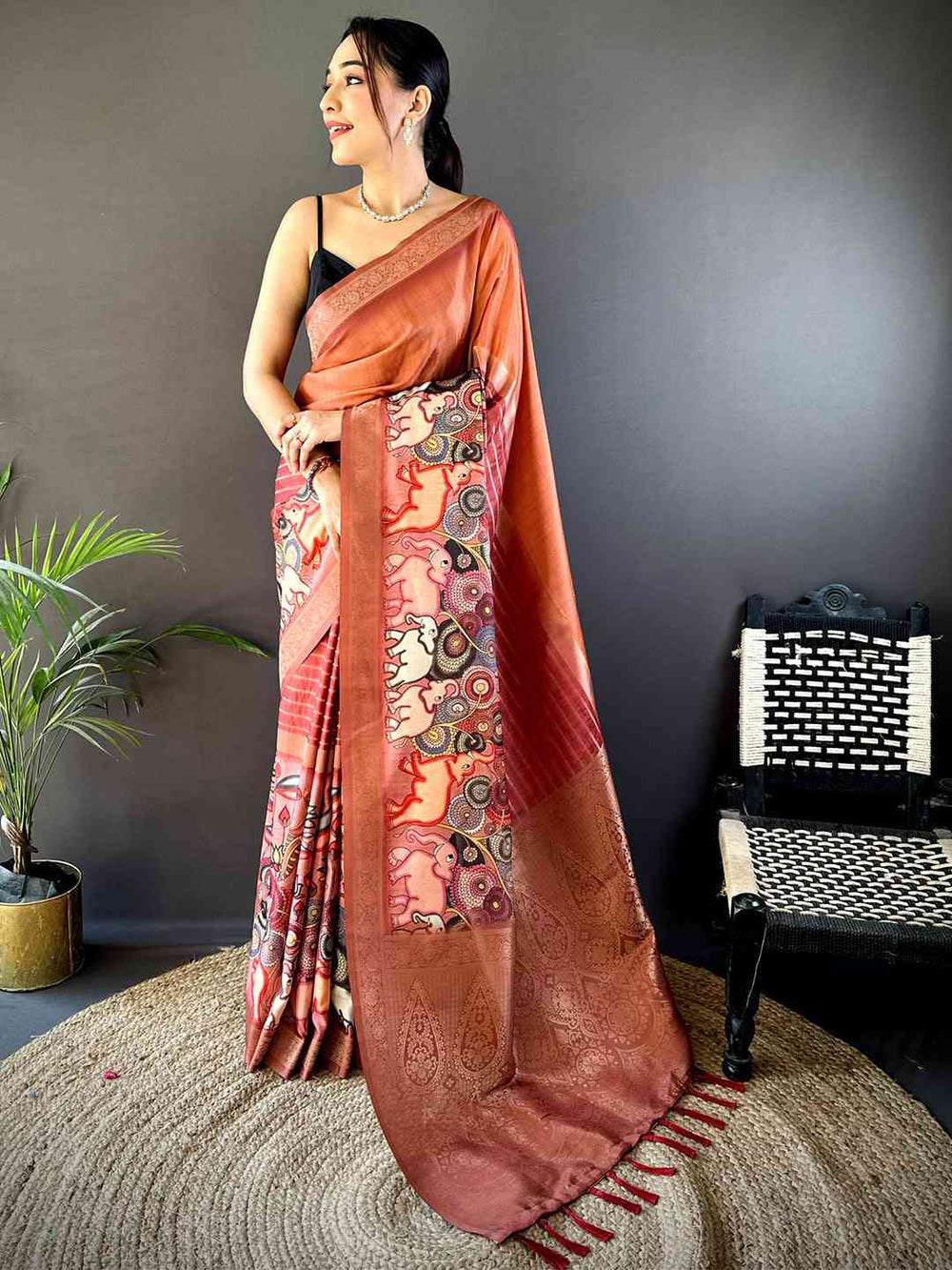 Rust Brown Linen Silk Saree with Madhubani Style Print & Woven Border