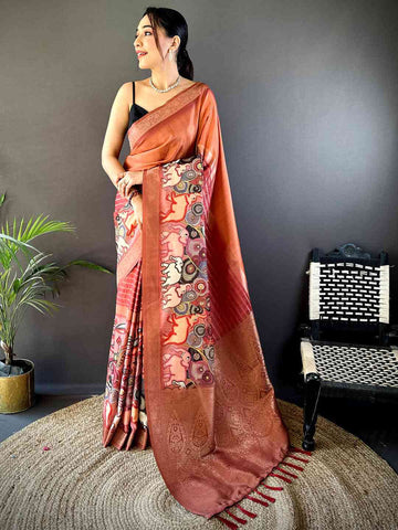 Rust Brown Linen Silk Saree with Madhubani Style Print & Woven Border