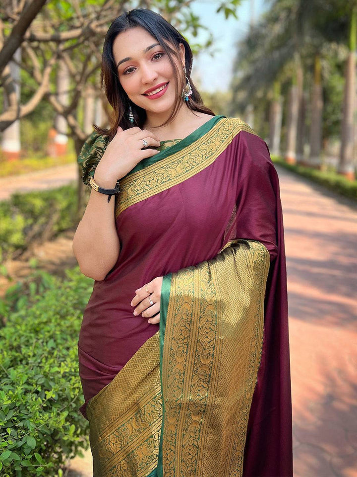 Maroon & Green Kanjivaram Silk Saree with Heavy Golden Zari Border & Striped Pallu
