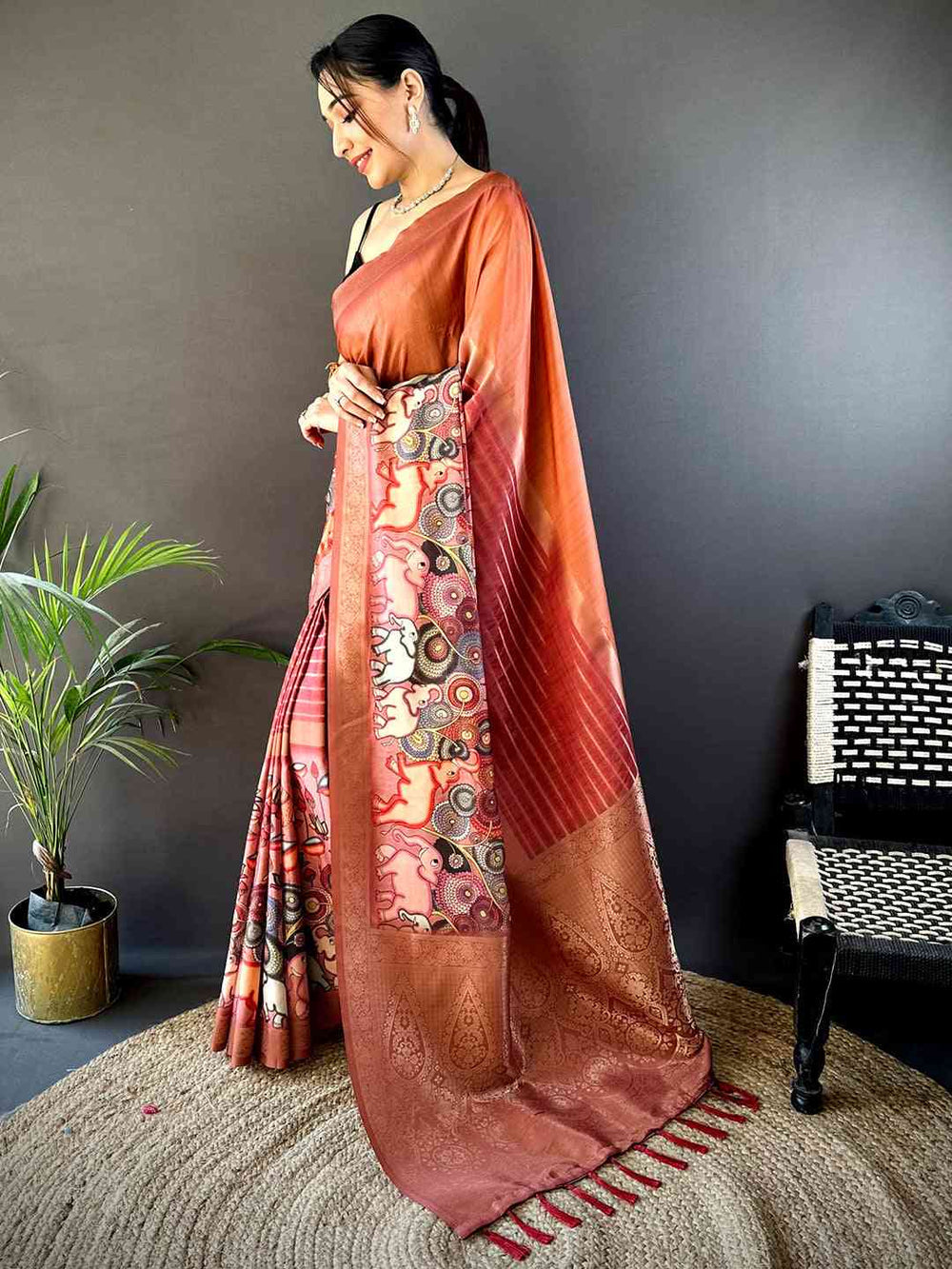 Rust Brown Linen Silk Saree with Madhubani Style Print & Woven Border