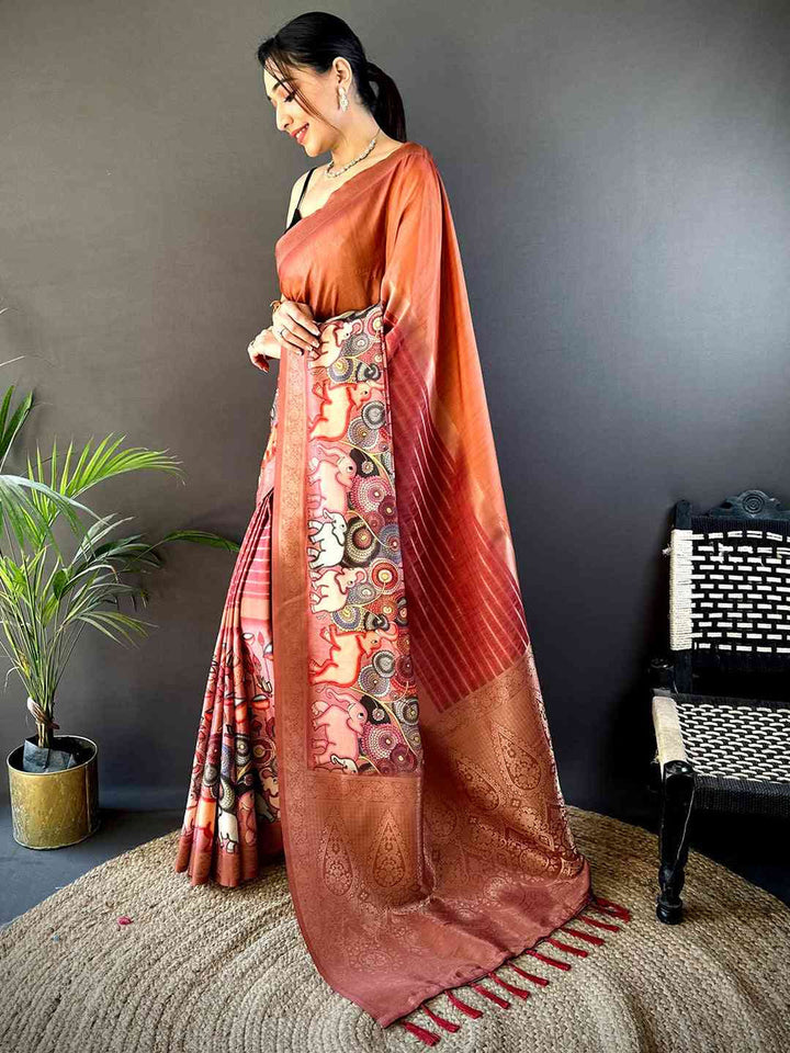 Rust Brown Linen Silk Saree with Madhubani Style Print & Woven Border