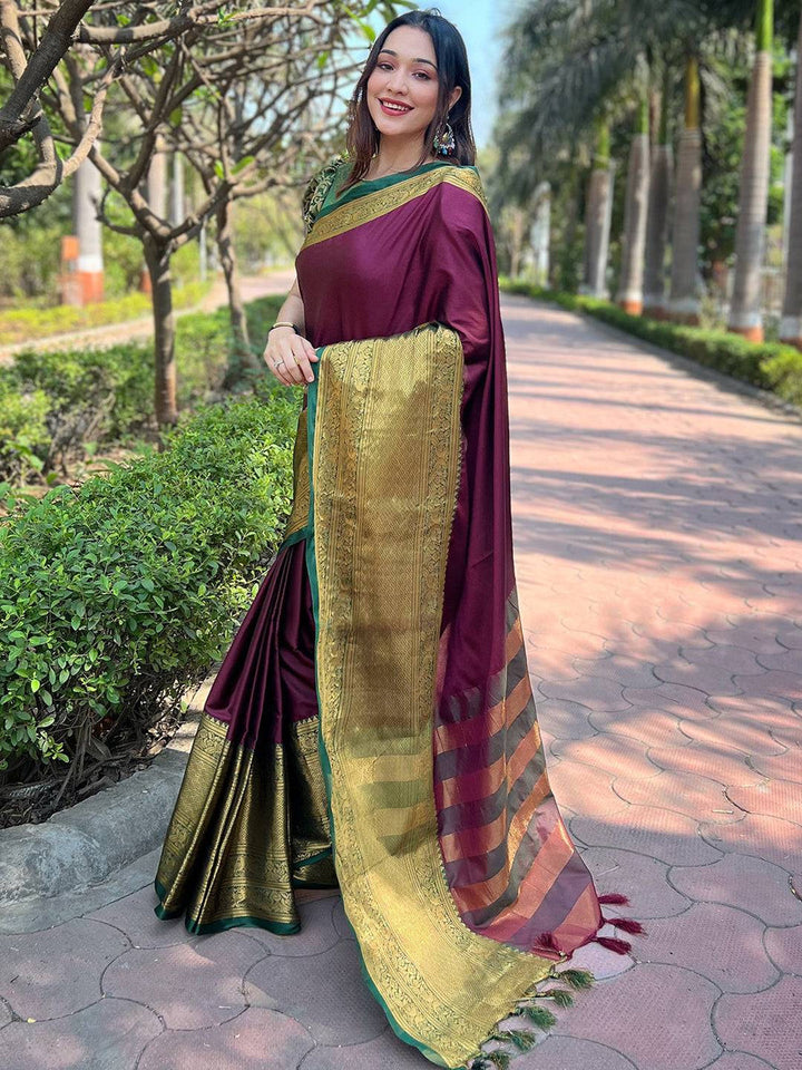 Maroon & Green Kanjivaram Silk Saree with Heavy Golden Zari Border & Striped Pallu