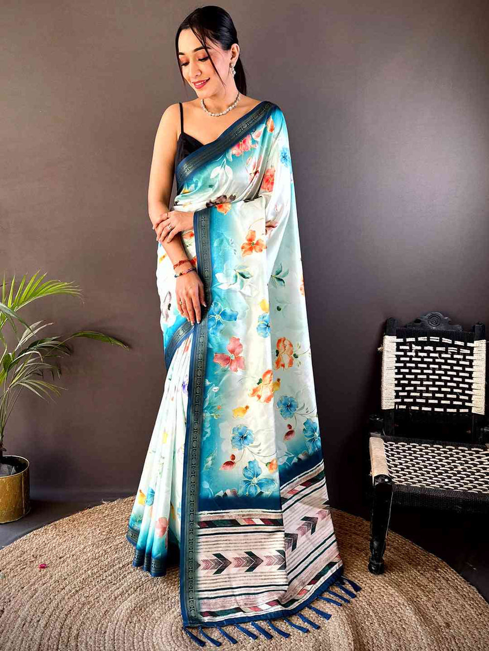Sky Blue Linen Silk Saree with Floral Digital Print & Contrast Border