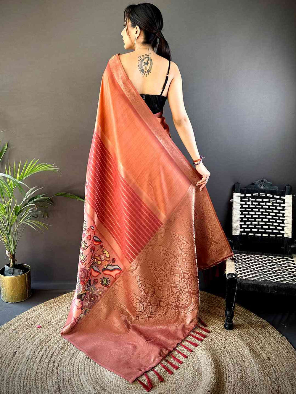 Rust Brown Linen Silk Saree with Madhubani Style Print & Woven Border