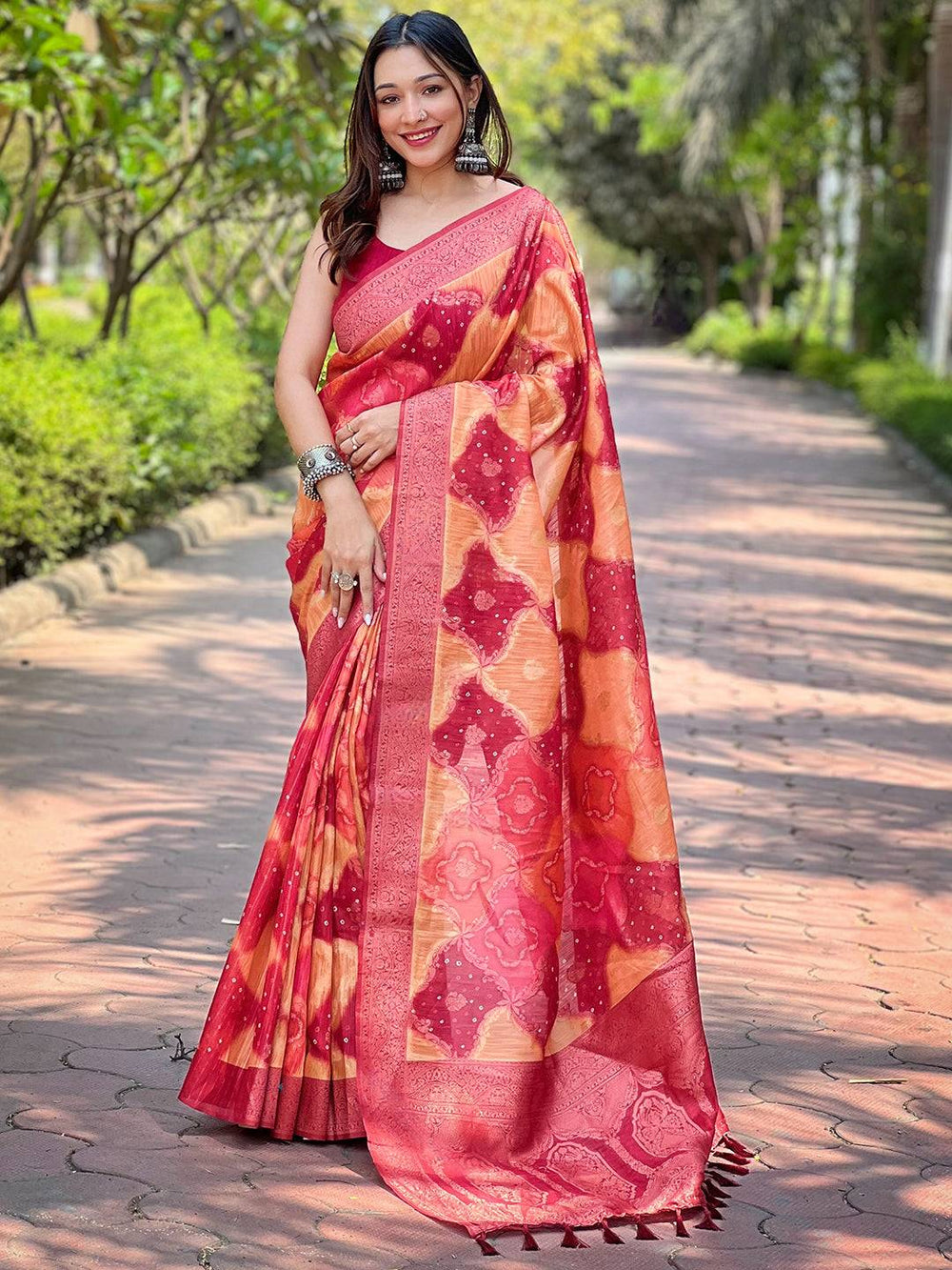 Red & Orange Bandhani Print Kanjivaram Silk Saree with Zari Border & Tassel Pallu