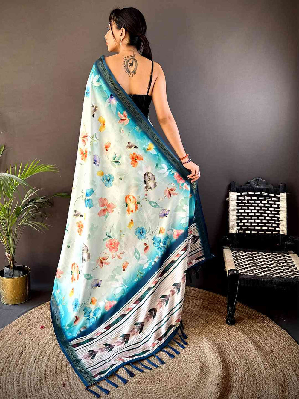 Sky Blue Linen Silk Saree with Floral Digital Print & Contrast Border