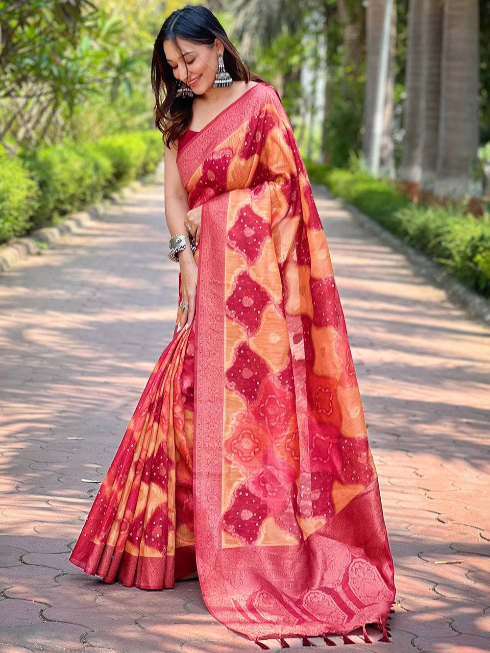 Red & Orange Bandhani Print Kanjivaram Silk Saree with Zari Border & Tassel Pallu