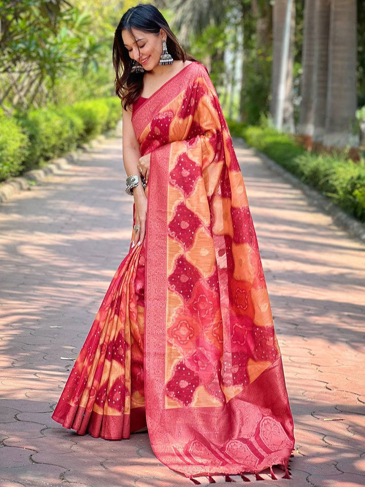 Red & Orange Bandhani Print Kanjivaram Silk Saree with Zari Border & Tassel Pallu