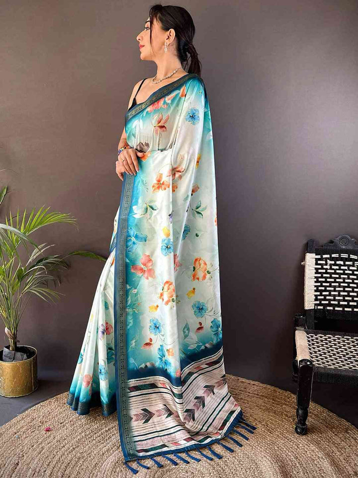 Sky Blue Linen Silk Saree with Floral Digital Print & Contrast Border