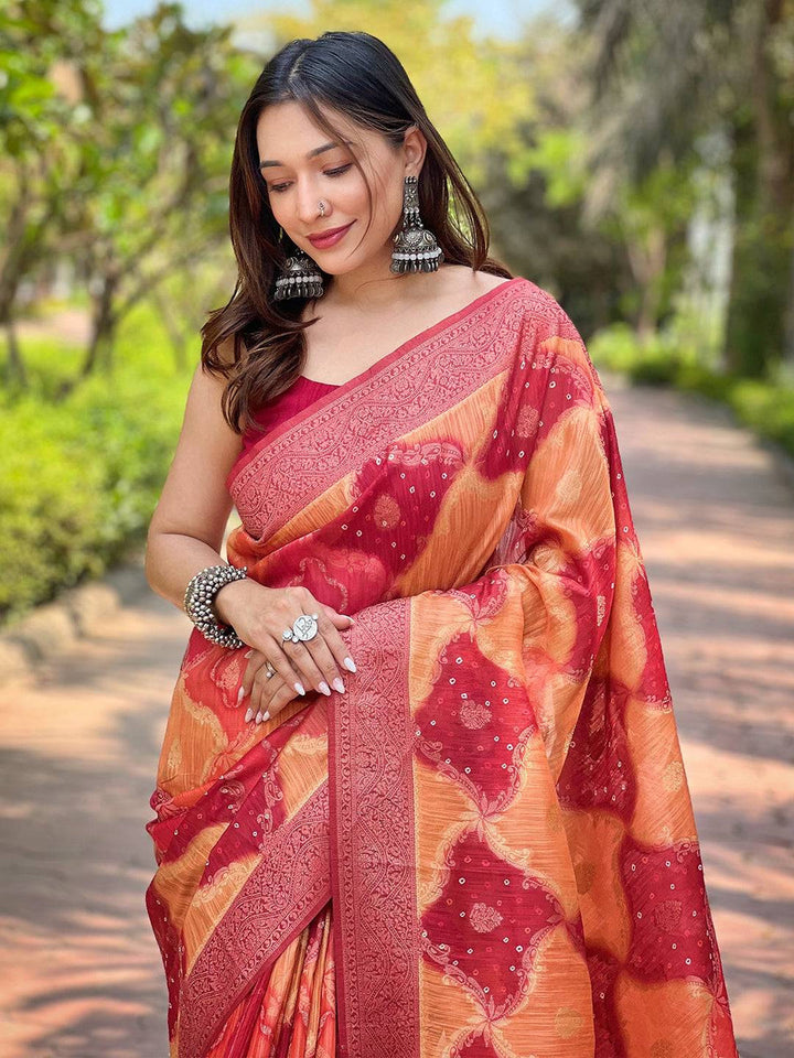 Red & Orange Bandhani Print Kanjivaram Silk Saree with Zari Border & Tassel Pallu