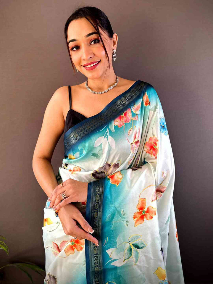 Sky Blue Linen Silk Saree with Floral Digital Print & Contrast Border