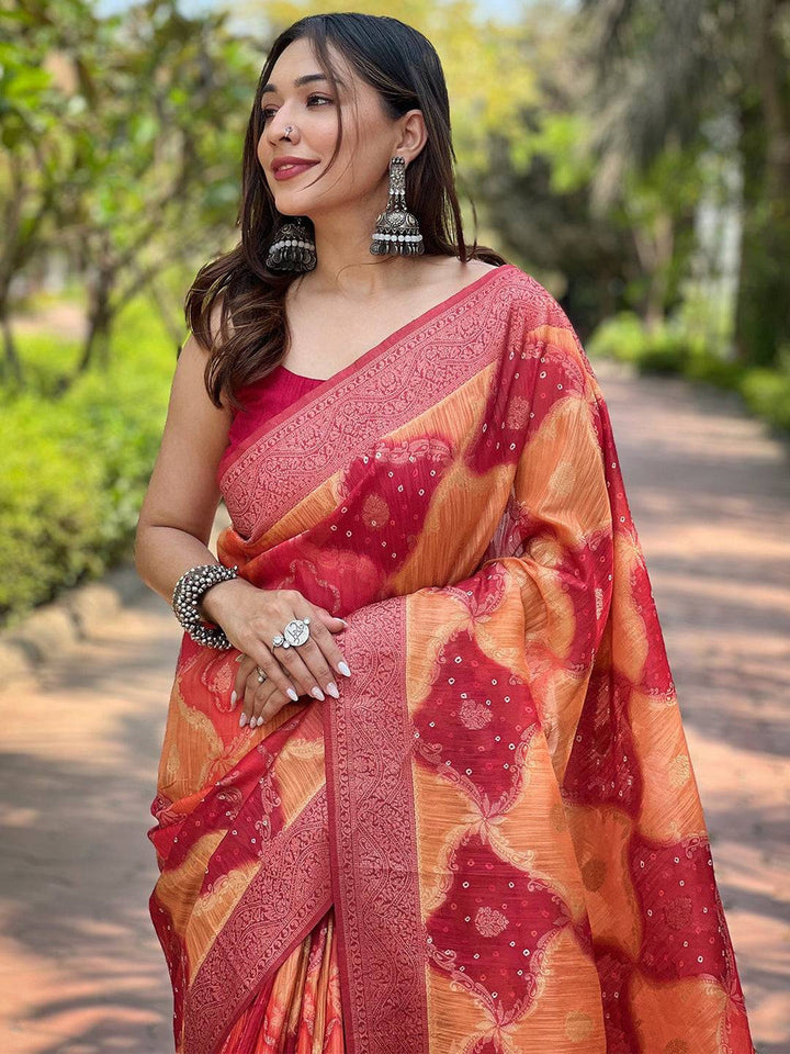 Red & Orange Bandhani Print Kanjivaram Silk Saree with Zari Border & Tassel Pallu