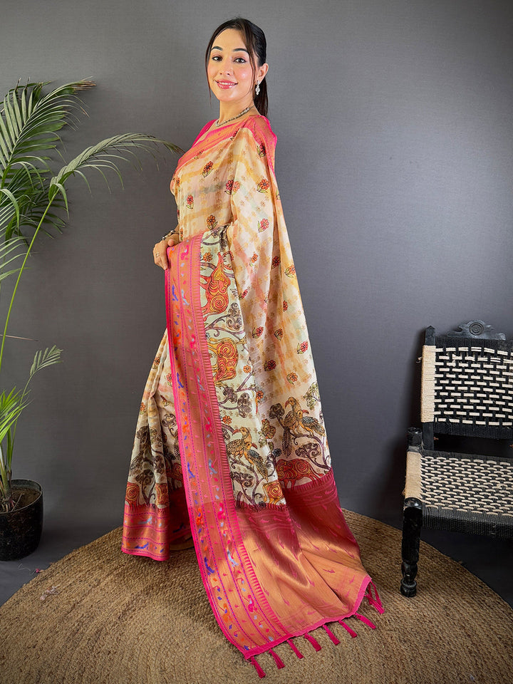 Beige Linen Silk Saree with Multicolor Kalamkari Print & Pink Zari Border
