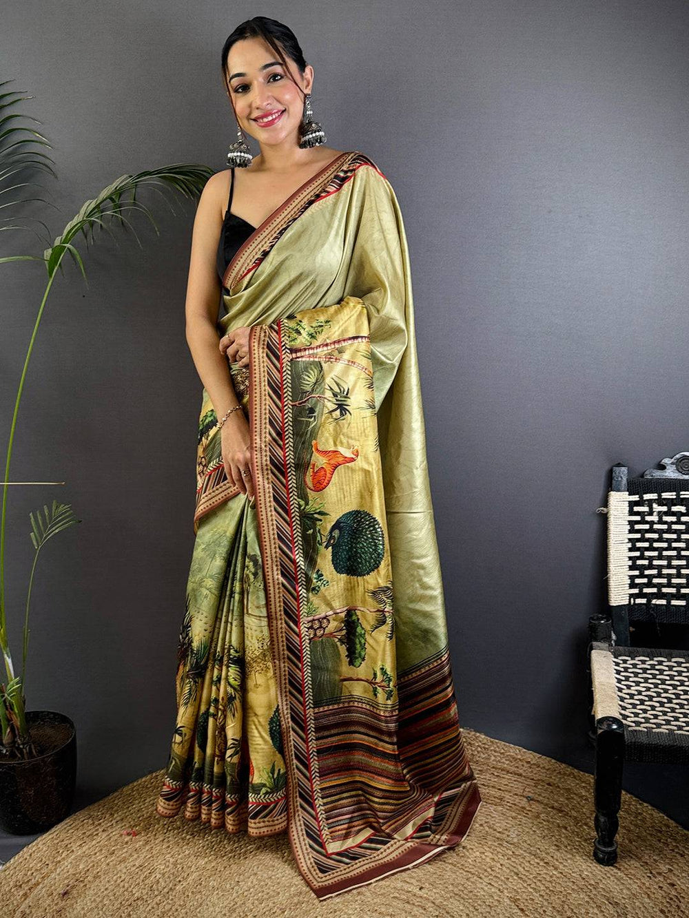 Olive Green Linen Silk Saree with Wildlife Digital Print & Multicolor Border