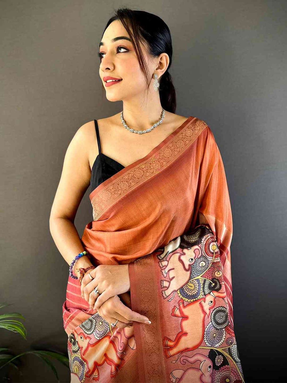 Rust Brown Linen Silk Saree with Madhubani Style Print & Woven Border
