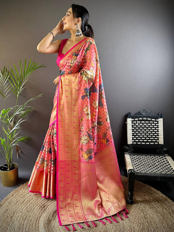 Peach Pink Floral Print Kanjivaram Silk Saree with Golden Zari Border & Tassel Pallu