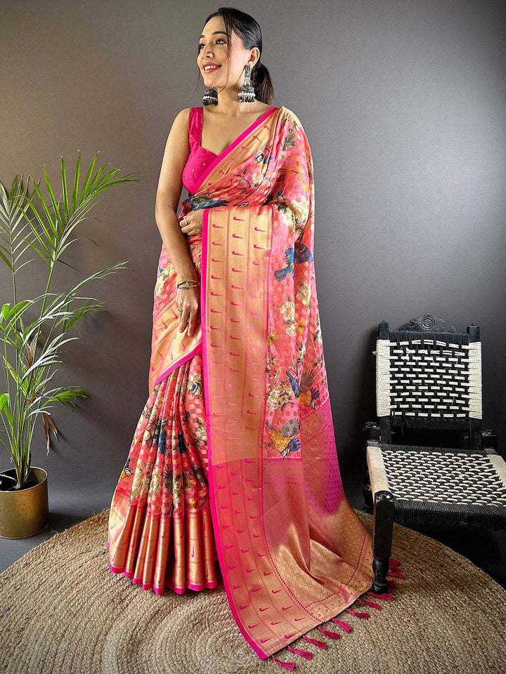 Peach Pink Floral Print Kanjivaram Silk Saree with Golden Zari Border & Tassel Pallu
