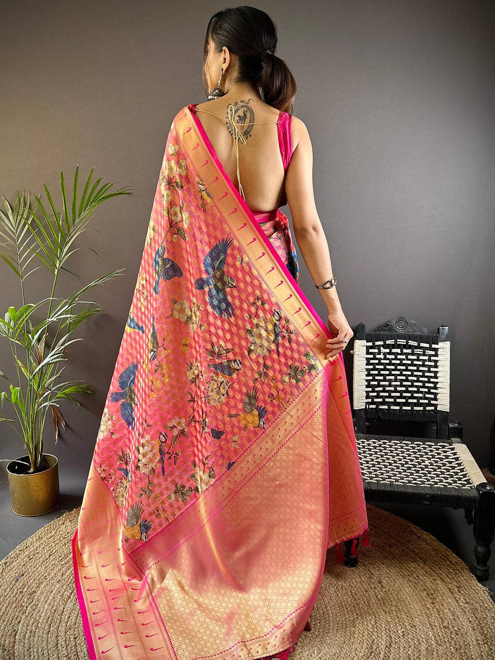 Peach Pink Floral Print Kanjivaram Silk Saree with Golden Zari Border & Tassel Pallu