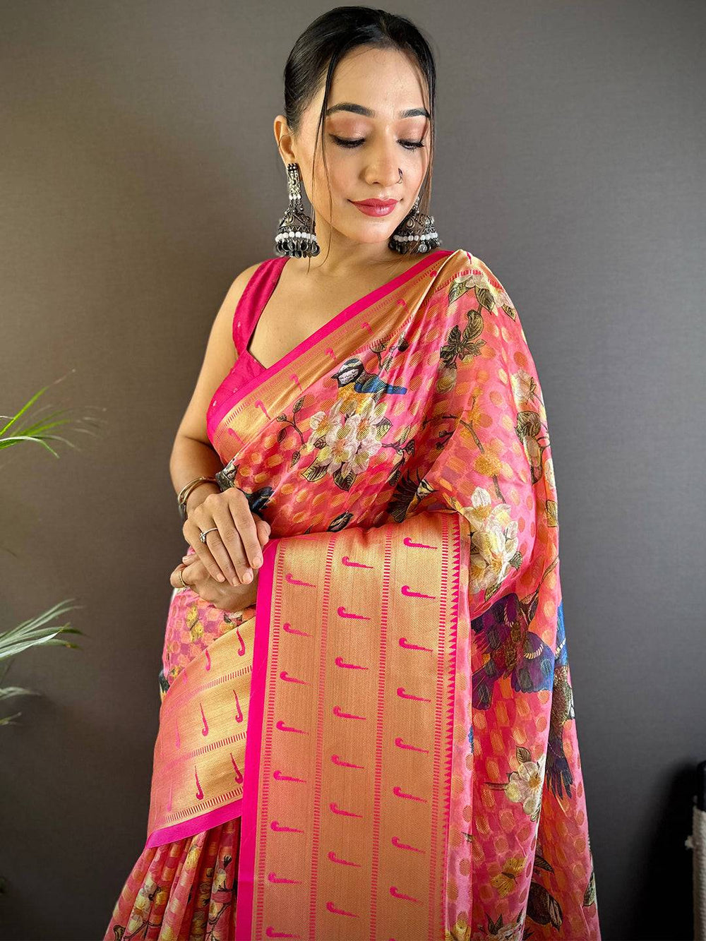 Peach Pink Floral Print Kanjivaram Silk Saree with Golden Zari Border & Tassel Pallu