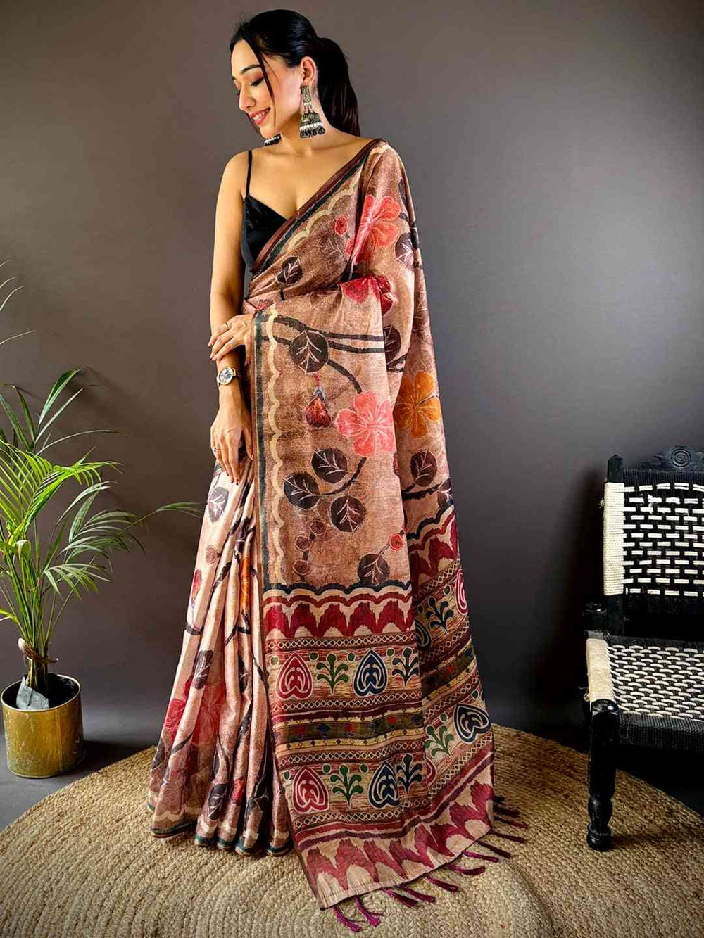 Brown Linen Silk Saree with Multicolor Floral Print & Ethnic Border