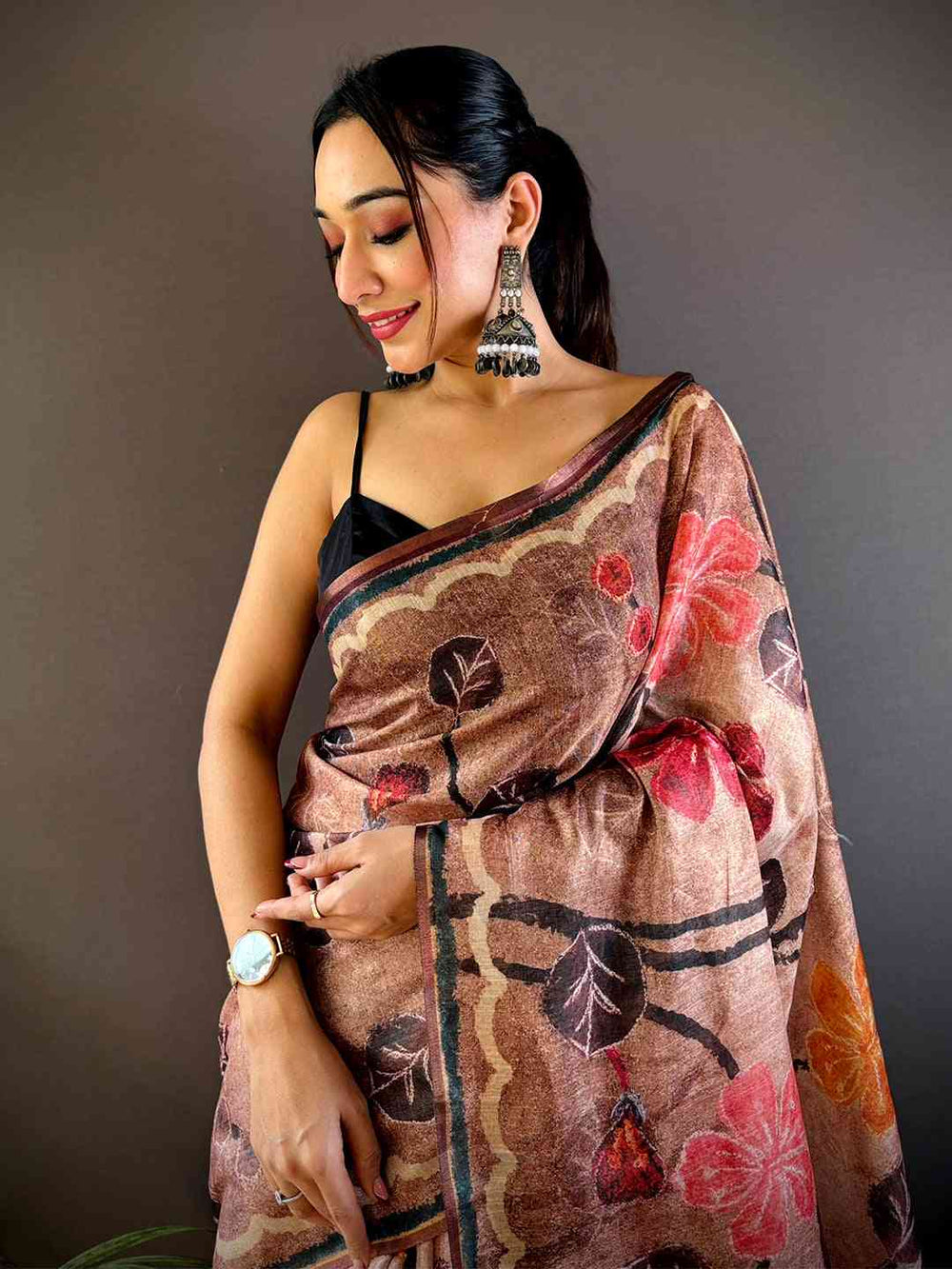 Brown Linen Silk Saree with Multicolor Floral Print & Ethnic Border