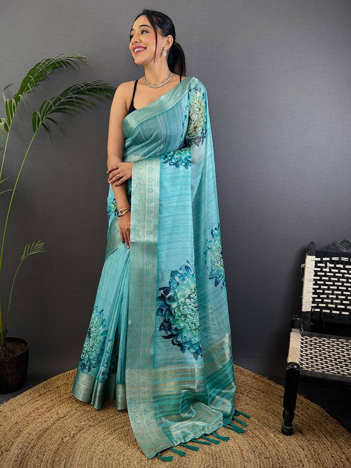 Turquoise Linen Silk Saree with Big Floral Print & Zari Border