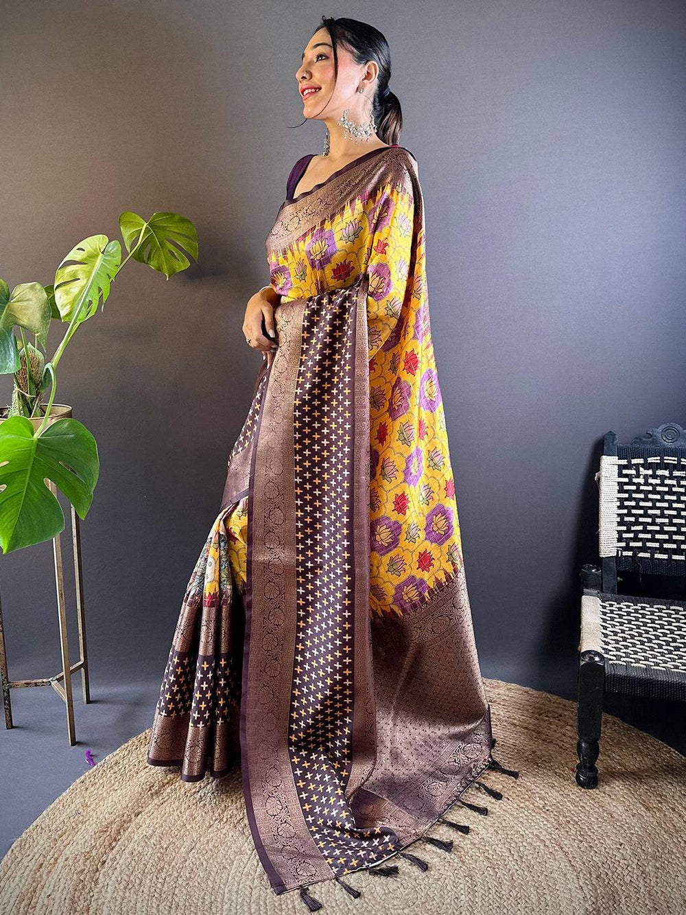 Yellow & Brown Banarasi Silk Saree with Floral Print and Geometric Zari Weaving