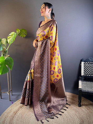 Yellow & Brown Banarasi Silk Saree with Floral Print and Geometric Zari Weaving