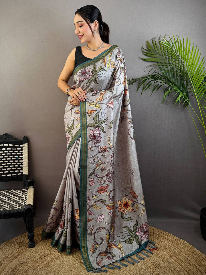 Grey Printed Silk Saree with Multicolor Floral Design & Contrast Green Border