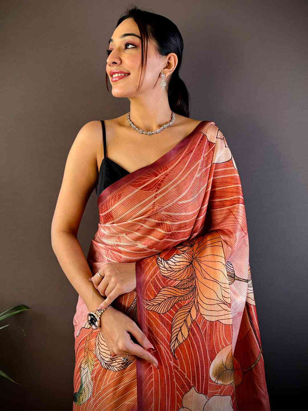 Rust Orange Linen Silk Saree with Bold Leaf Print & Elegant Border