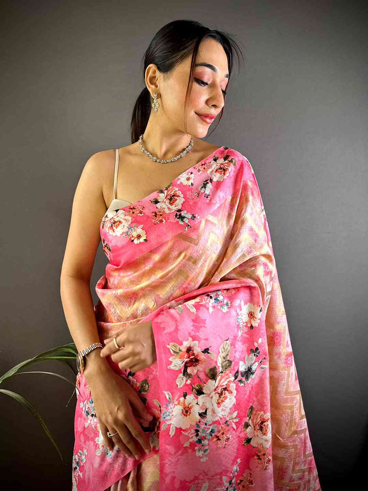 Pink Linen Silk Saree with Floral Print & Golden Chevron Weave
