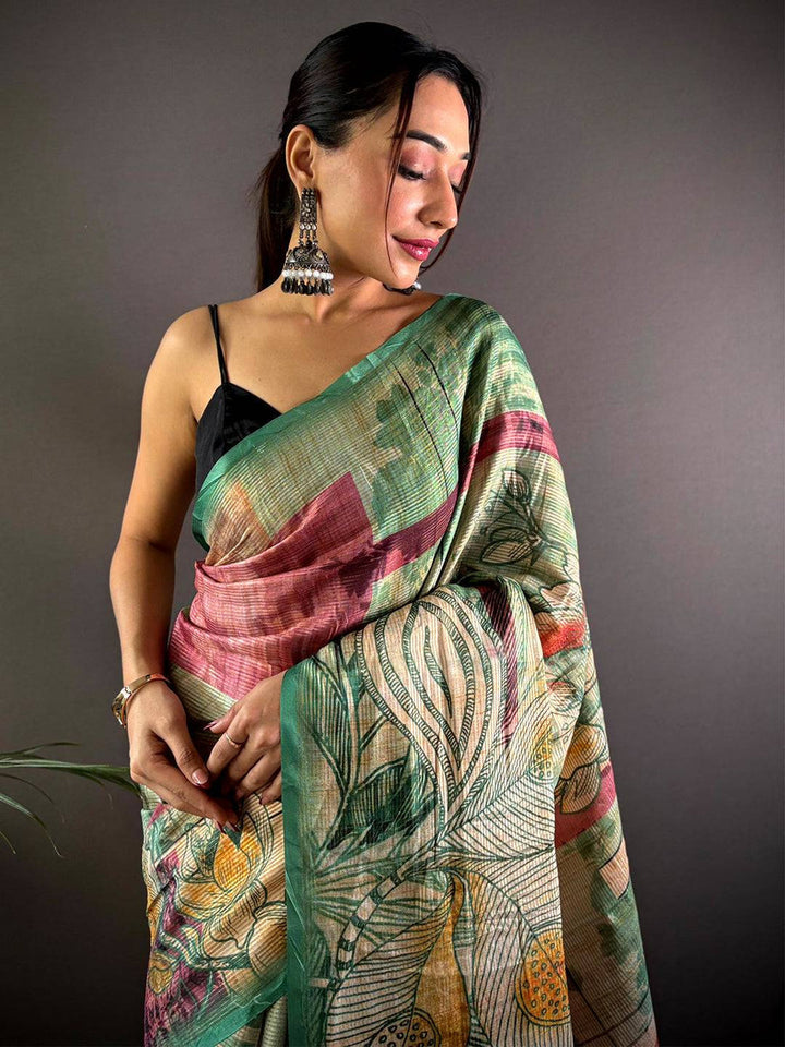 Multicolor Linen Silk Saree with Artistic Floral & Abstract Print