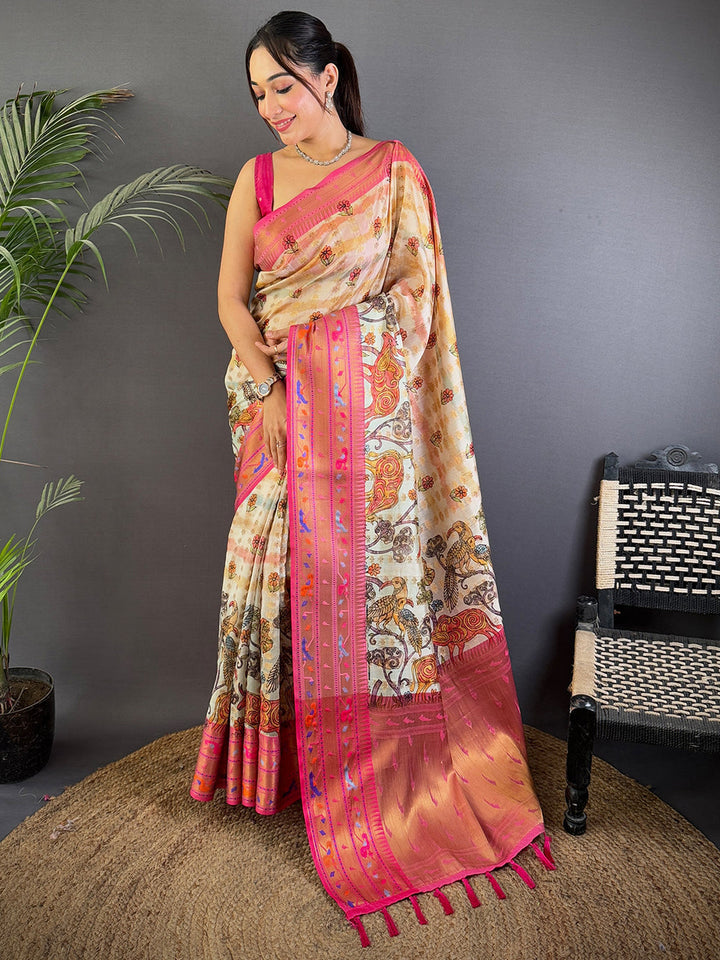Beige Linen Silk Saree with Multicolor Kalamkari Print & Pink Zari Border