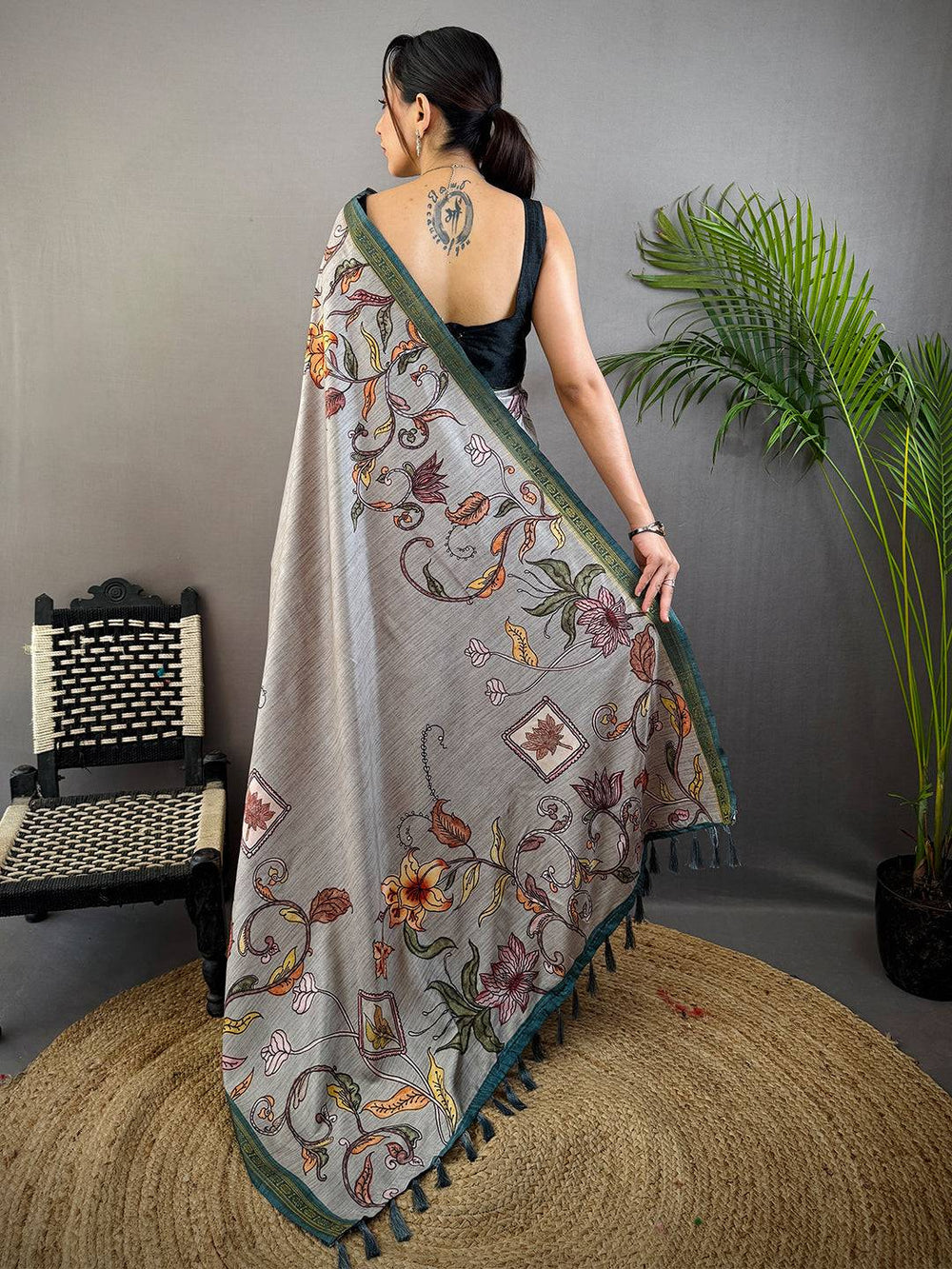 Grey Printed Silk Saree with Multicolor Floral Design & Contrast Green Border
